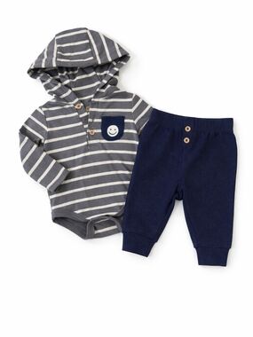 Striped Hooded Baby Bodysuit & Navy Pants Set - Gray & Navy